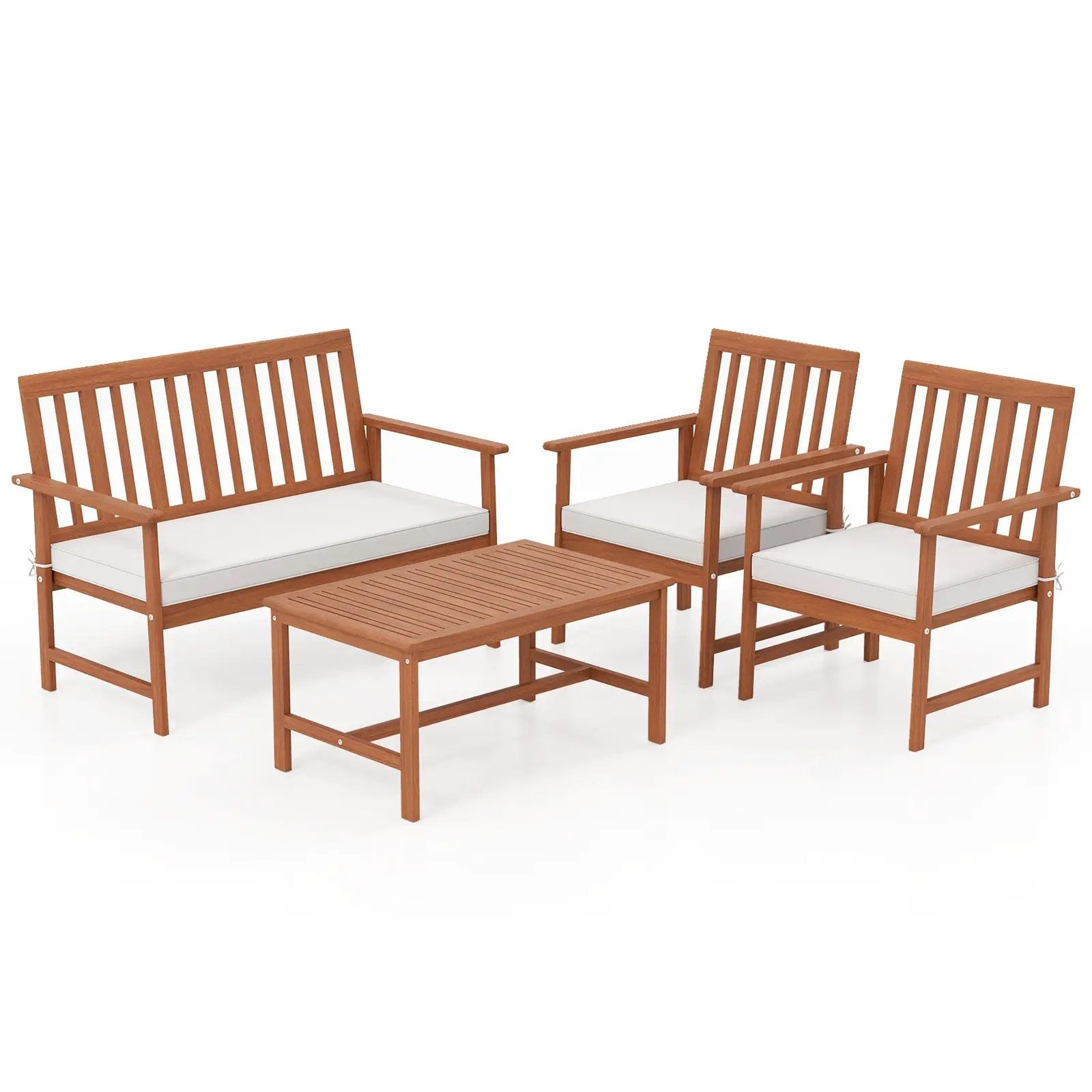 4 Pieces Acacia Wood Furniture Set with Seat Cushions and Robust Wood Frame-White by DirectDeals