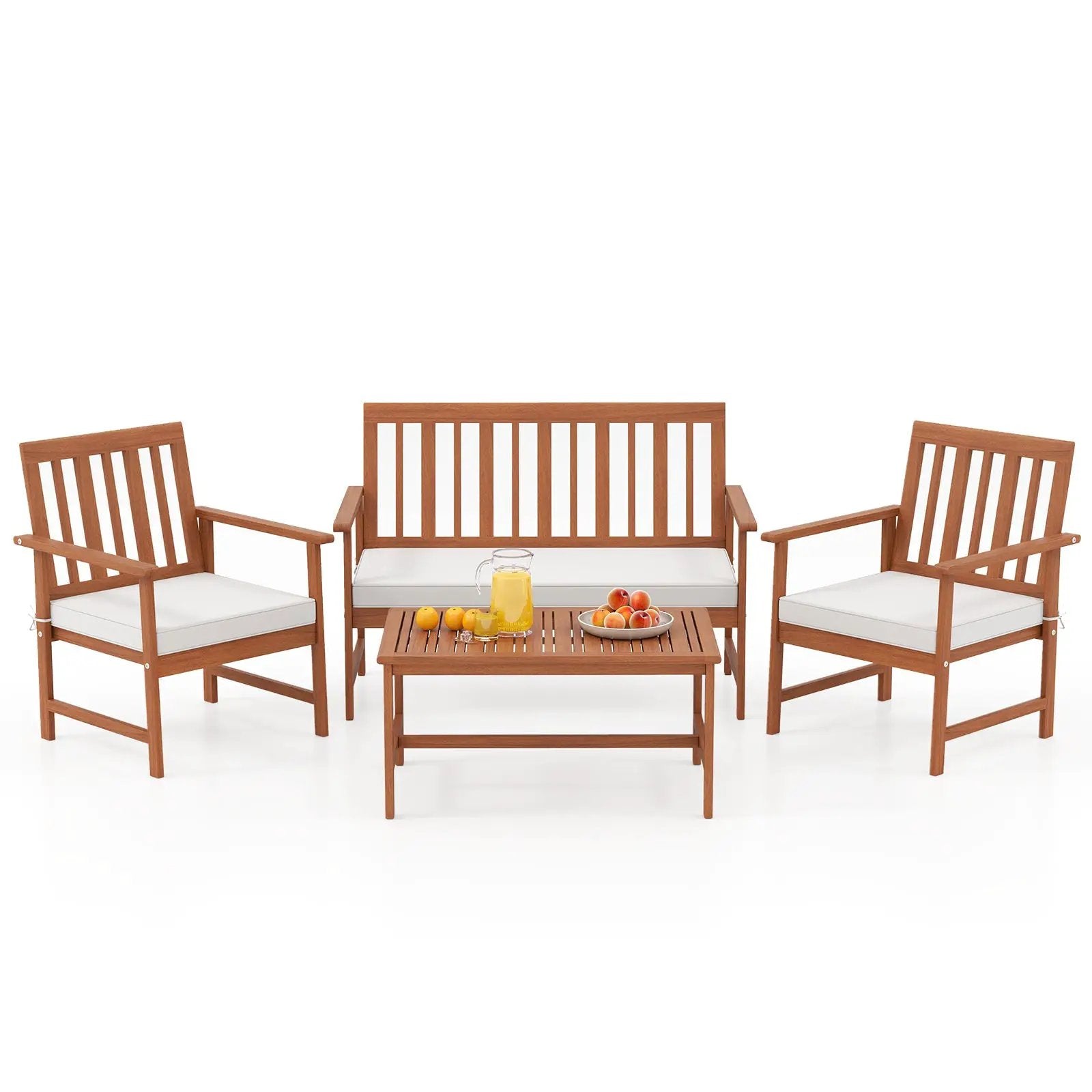 4 Pieces Acacia Wood Furniture Set with Seat Cushions and Robust Wood Frame-White by DirectDeals