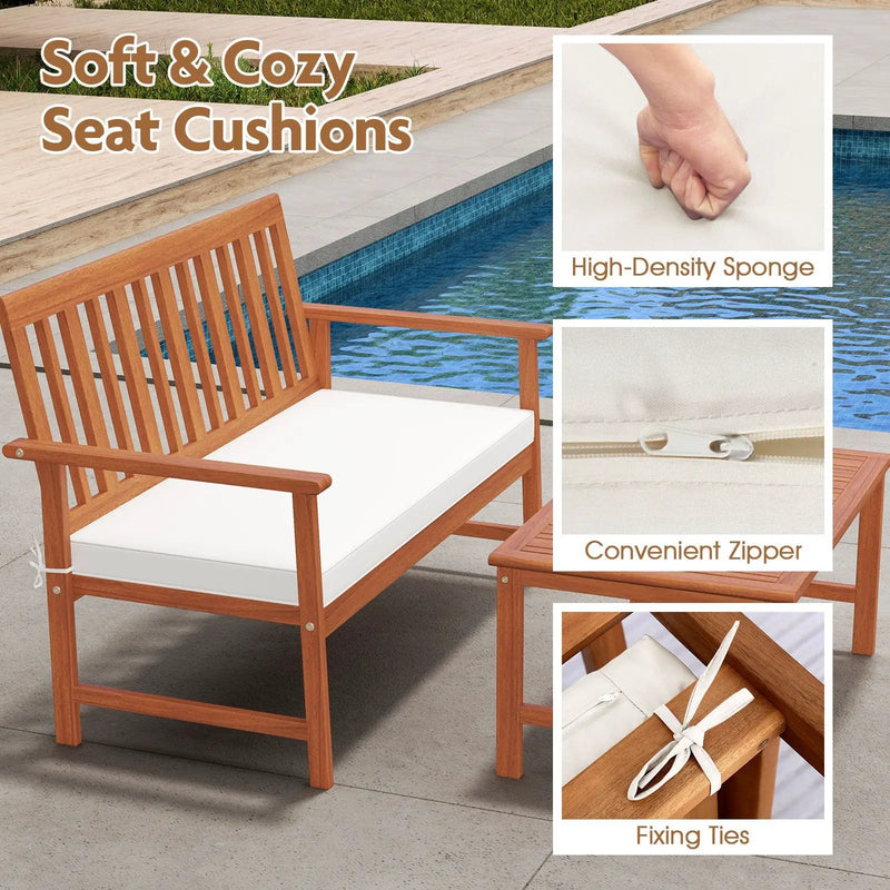 4 Pieces Acacia Wood Furniture Set with Seat Cushions and Robust Wood Frame-White by DirectDeals