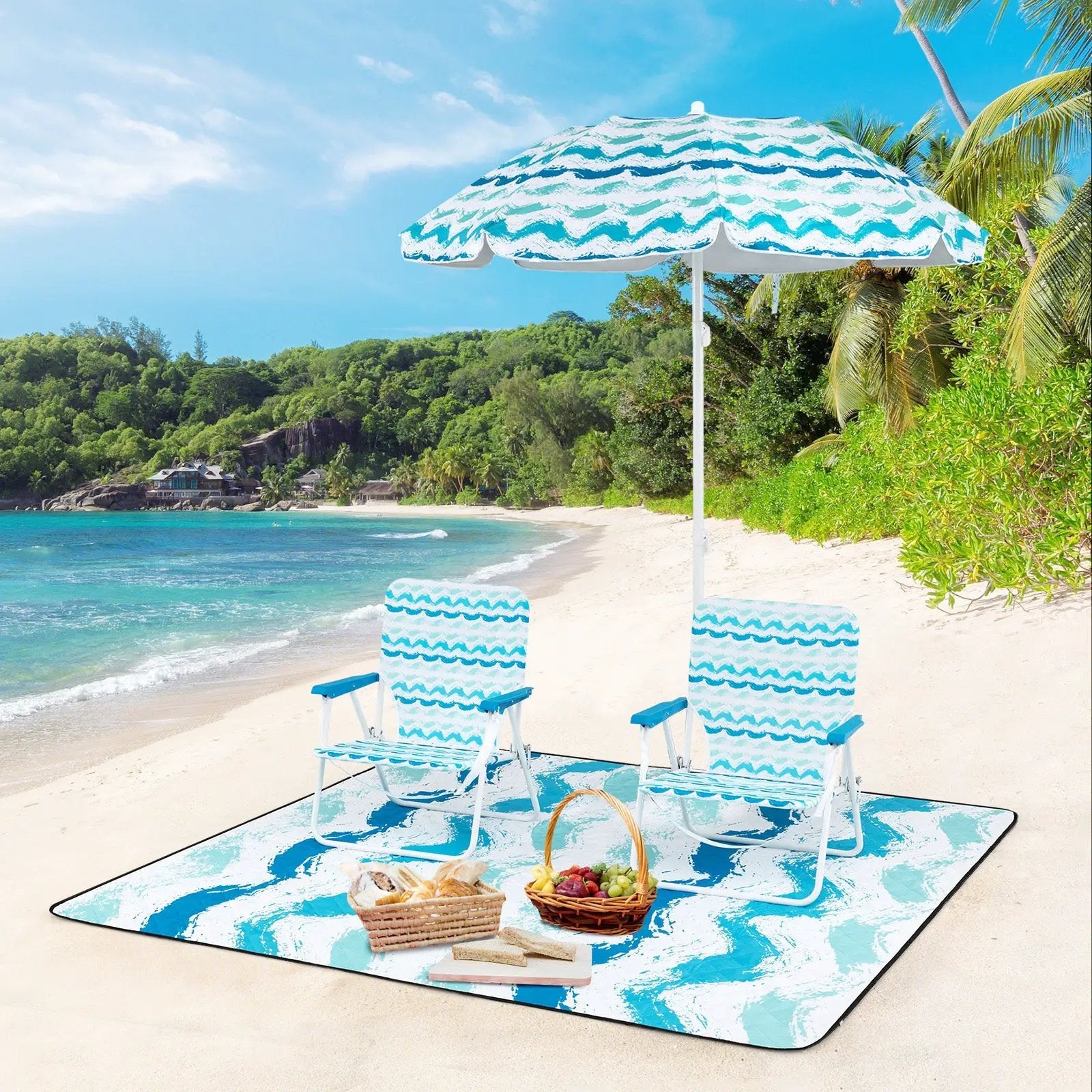 4 Pieces Beach Umbrella Set with 2 Foldable Chairs and Picnic Blanket by DirectDeals