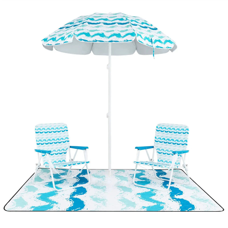 4 Pieces Beach Umbrella Set with 2 Foldable Chairs and Picnic Blanket by DirectDeals