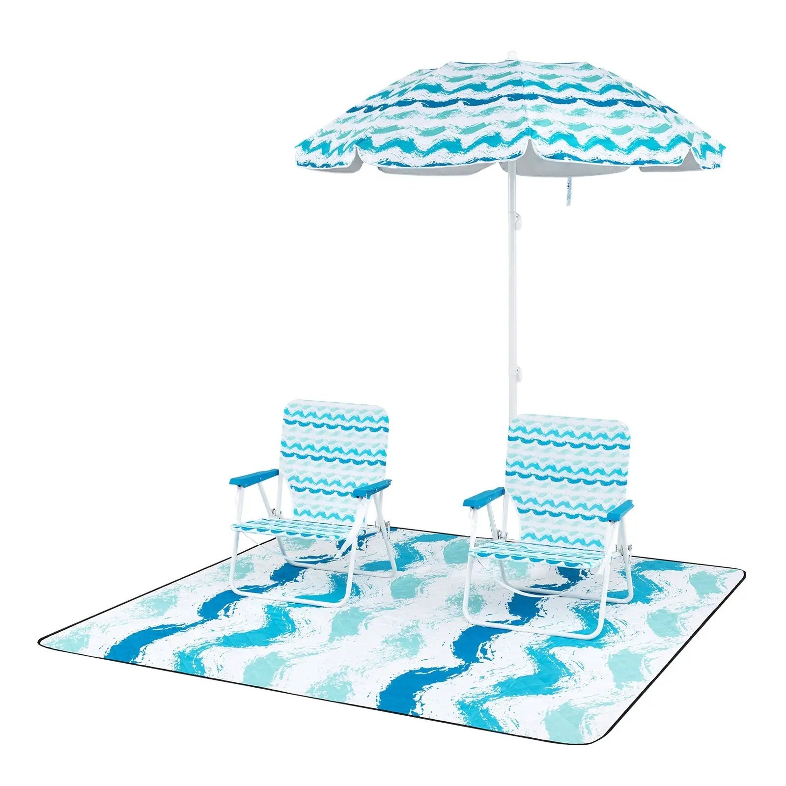 4 Pieces Beach Umbrella Set with 2 Foldable Chairs and Picnic Blanket by DirectDeals