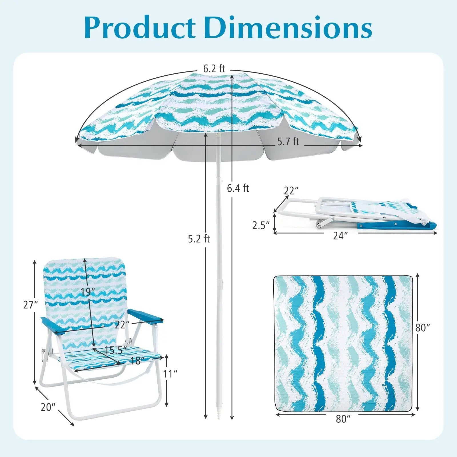 4 Pieces Beach Umbrella Set with 2 Foldable Chairs and Picnic Blanket by DirectDeals