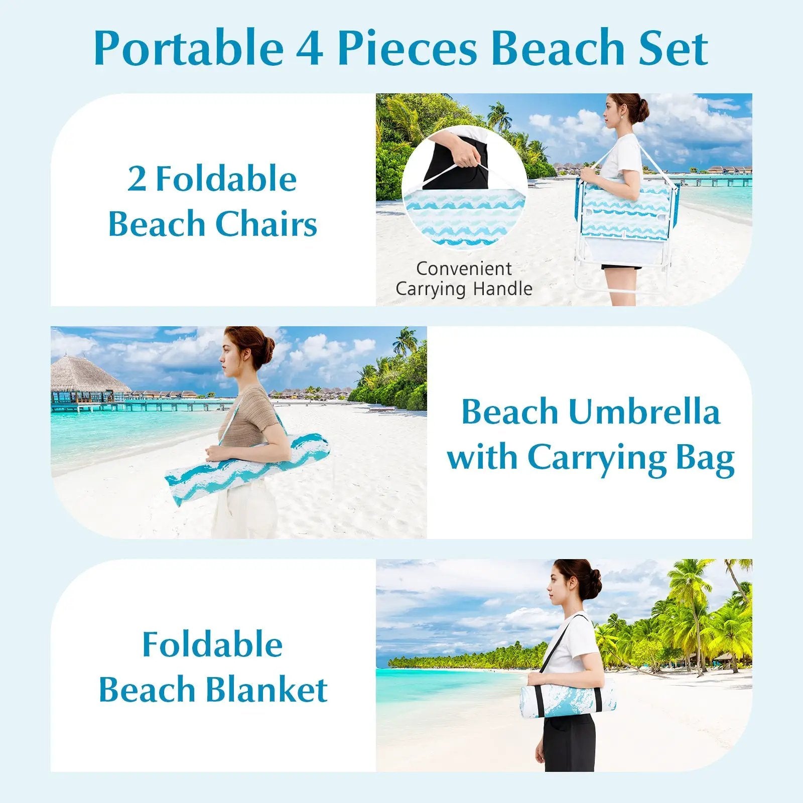 4 Pieces Beach Umbrella Set with 2 Foldable Chairs and Picnic Blanket by DirectDeals