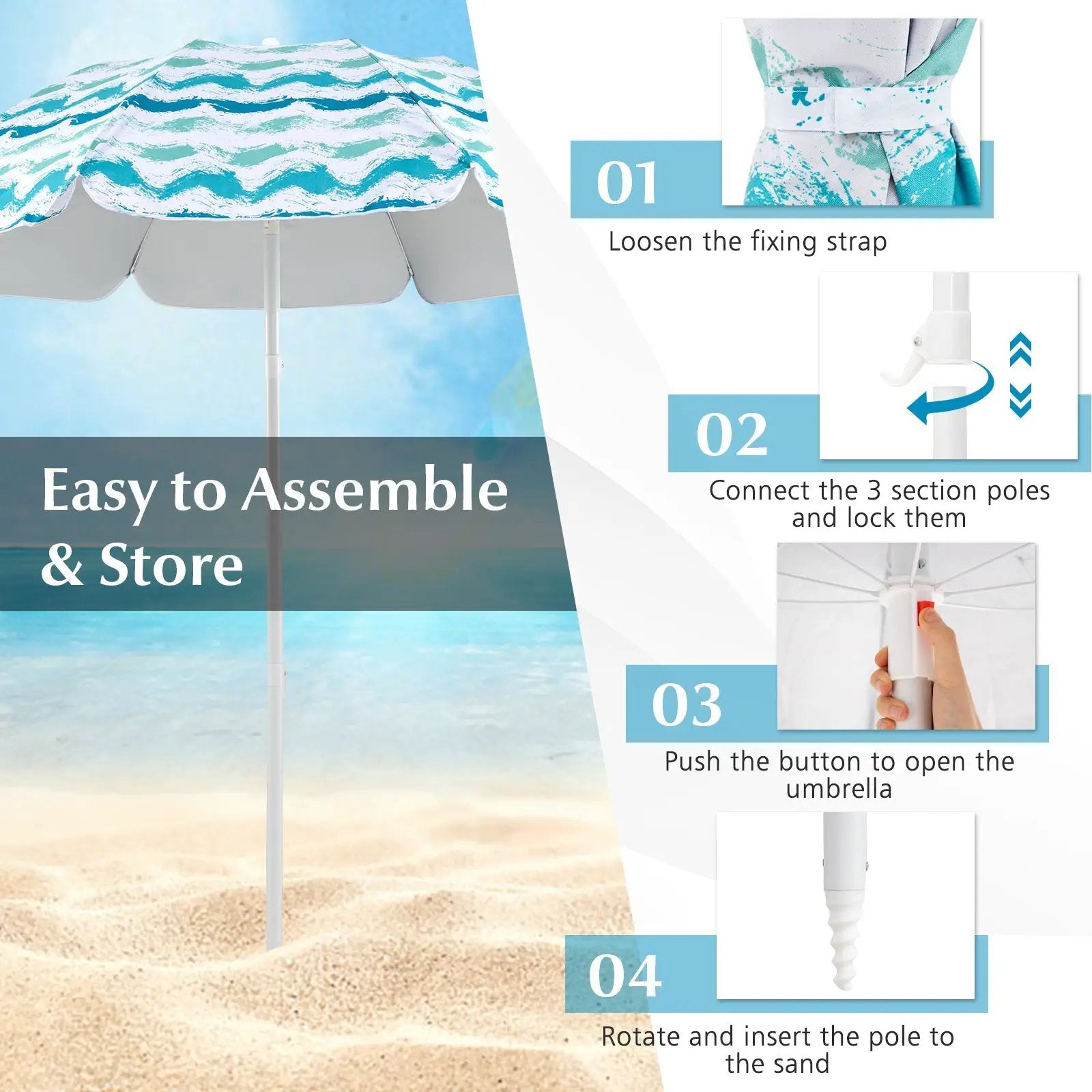 4 Pieces Beach Umbrella Set with 2 Foldable Chairs and Picnic Blanket by DirectDeals