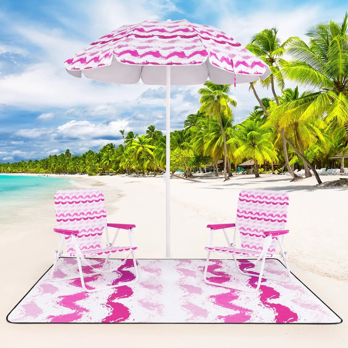 4 Pieces Beach Umbrella Set with 2 Foldable Chairs and Picnic Blanket by DirectDeals