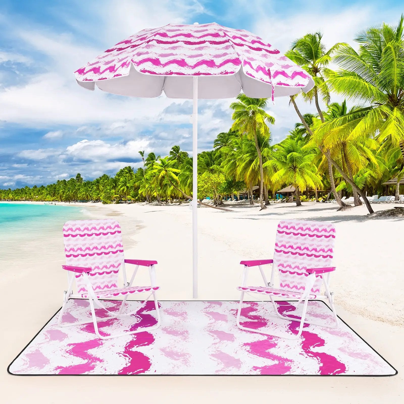 4 Pieces Beach Umbrella Set with 2 Foldable Chairs and Picnic Blanket by DirectDeals