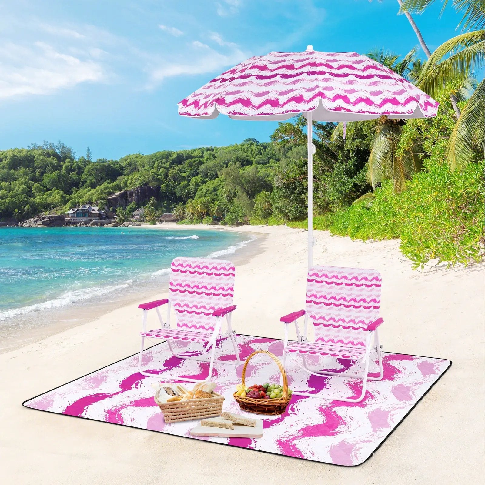 4 Pieces Beach Umbrella Set with 2 Foldable Chairs and Picnic Blanket by DirectDeals