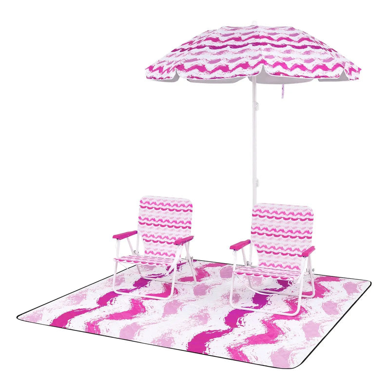 4 Pieces Beach Umbrella Set with 2 Foldable Chairs and Picnic Blanket by DirectDeals