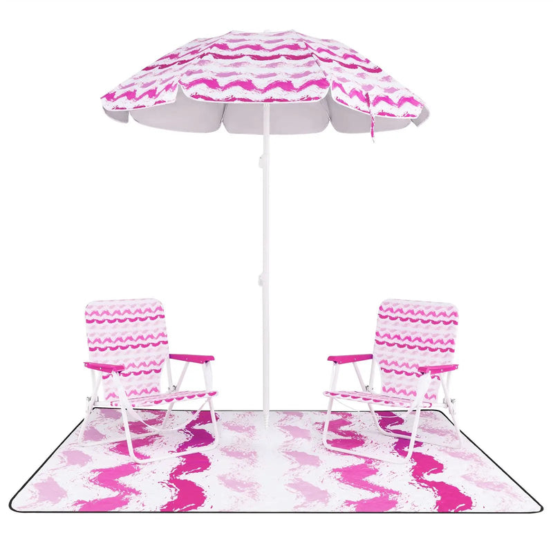 4 Pieces Beach Umbrella Set with 2 Foldable Chairs and Picnic Blanket by DirectDeals