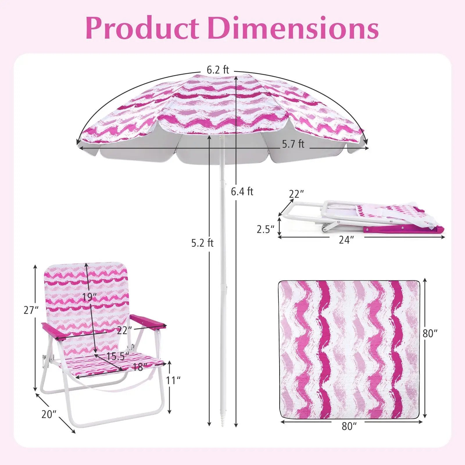 4 Pieces Beach Umbrella Set with 2 Foldable Chairs and Picnic Blanket by DirectDeals