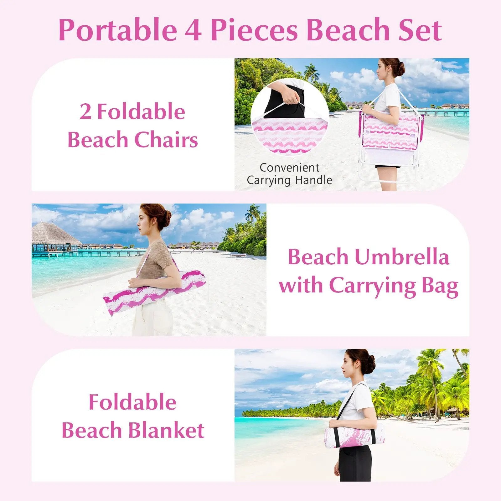 4 Pieces Beach Umbrella Set with 2 Foldable Chairs and Picnic Blanket by DirectDeals