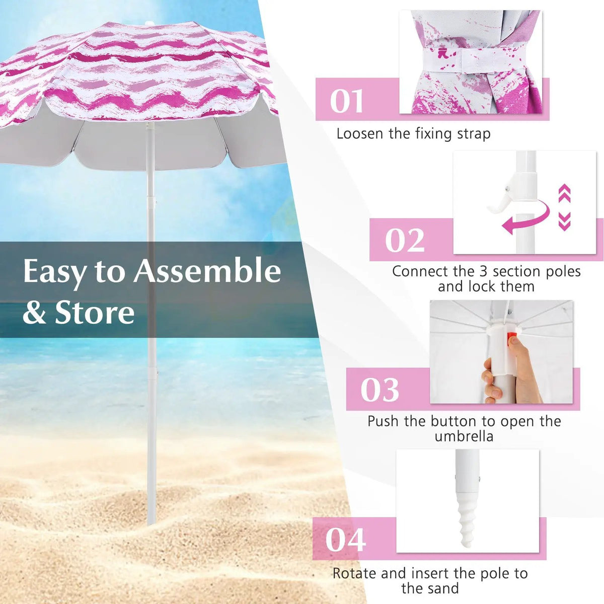 4 Pieces Beach Umbrella Set with 2 Foldable Chairs and Picnic Blanket by DirectDeals