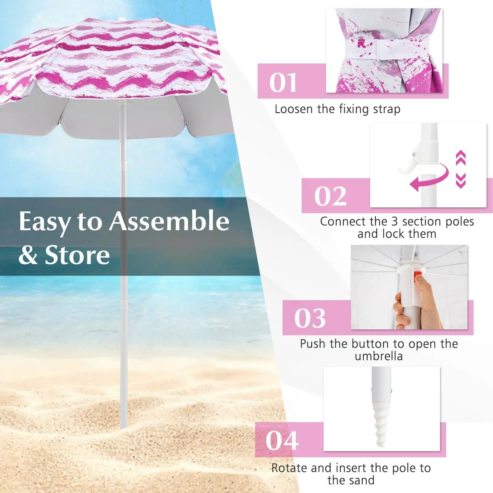 4 Pieces Beach Umbrella Set with 2 Foldable Chairs and Picnic Blanket by DirectDeals