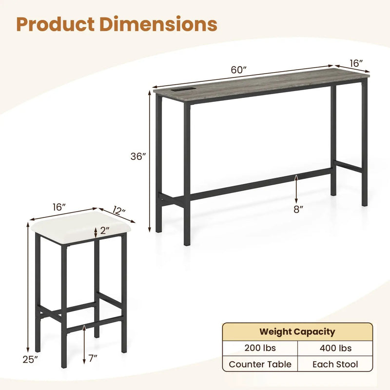 4 Pieces Counter Height Bar Table with Power Outlet with 3 Padded Stools by DirectDeals