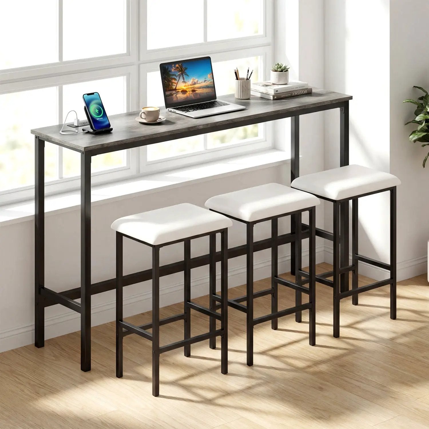 4 Pieces Counter Height Bar Table with Power Outlet with 3 Padded Stools by DirectDeals