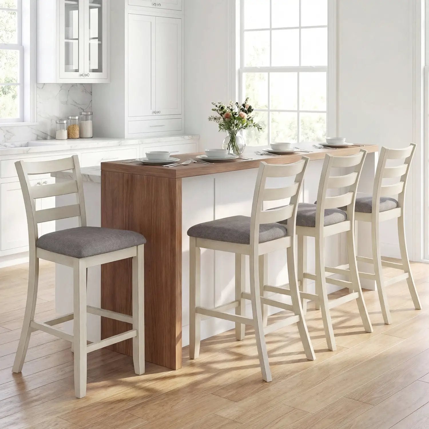 4 Pieces Counter Height Chairs with Fabric Seat and Rubber Wood Legs by DirectDeals