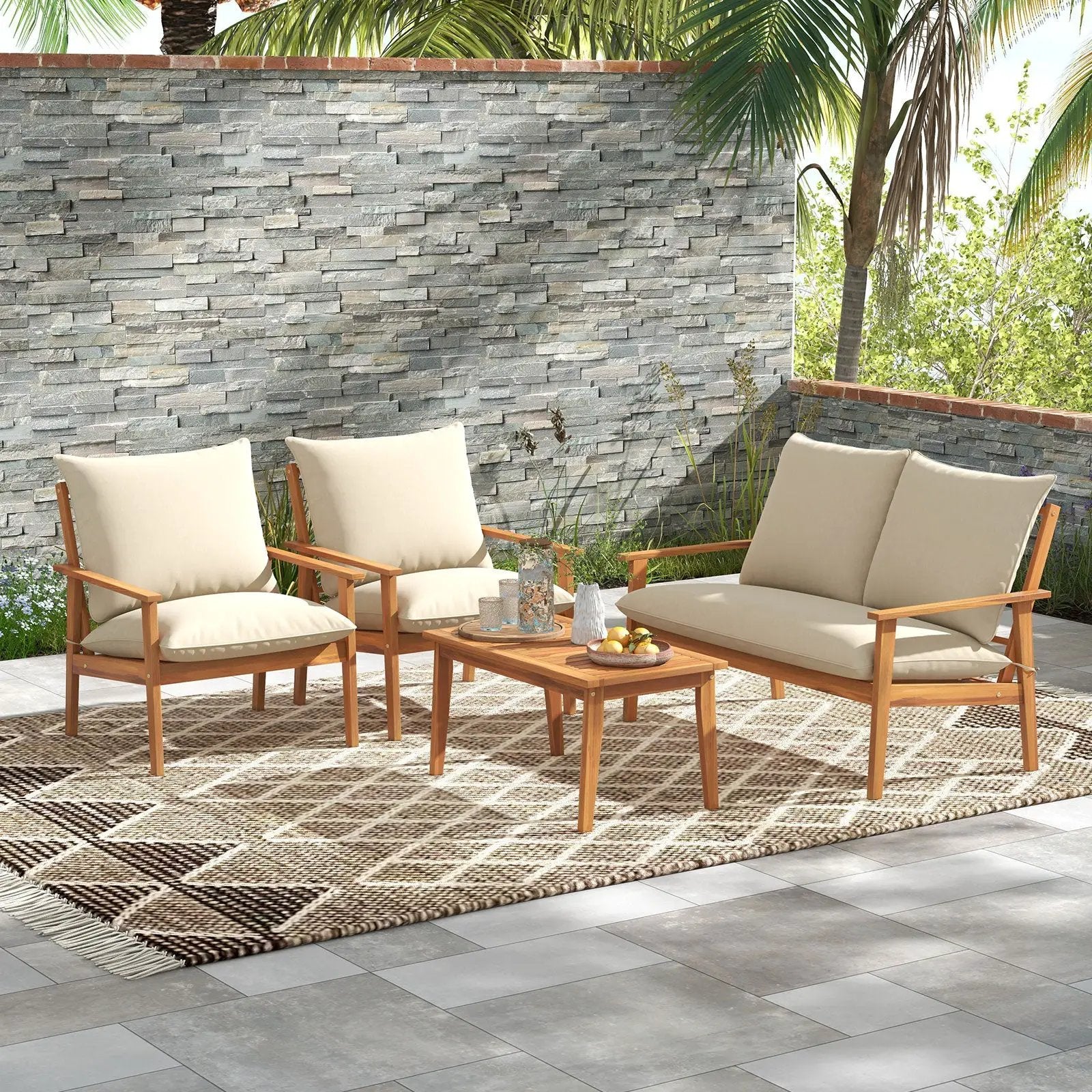 4 Pieces Outdoor Acacia Wood Conversation Set with Soft Cushions and Coffee Table-White by DirectDeals
