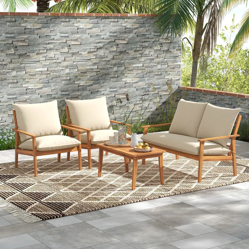 4 Pieces Outdoor Acacia Wood Conversation Set with Soft Cushions and Coffee Table-White by DirectDeals