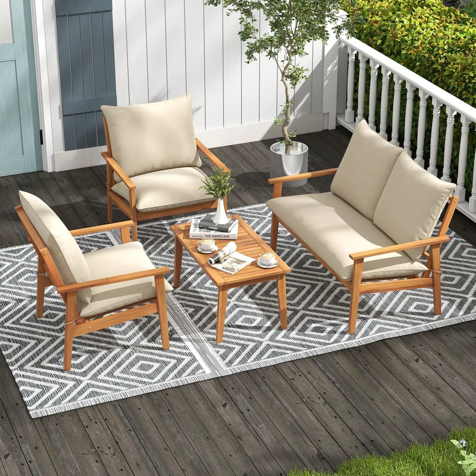 4 Pieces Outdoor Acacia Wood Conversation Set with Soft Cushions and Coffee Table-White by DirectDeals