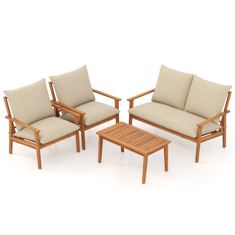 4 Pieces Outdoor Acacia Wood Conversation Set with Soft Cushions and Coffee Table-White by DirectDeals