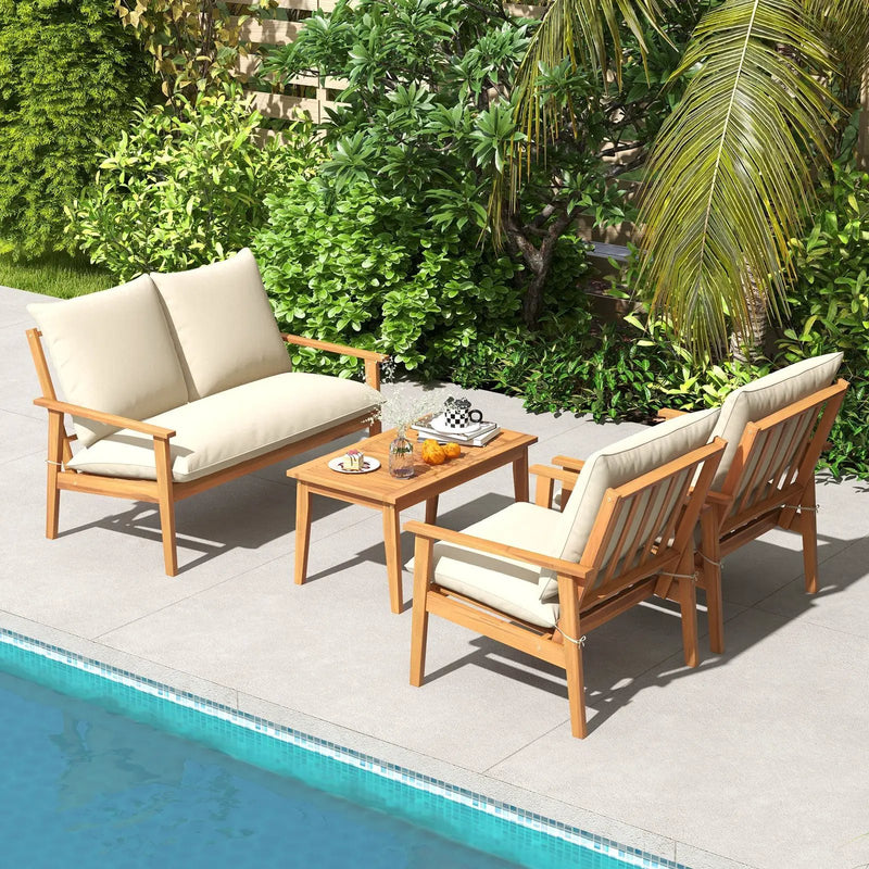 4 Pieces Outdoor Acacia Wood Conversation Set with Soft Cushions and Coffee Table-White by DirectDeals