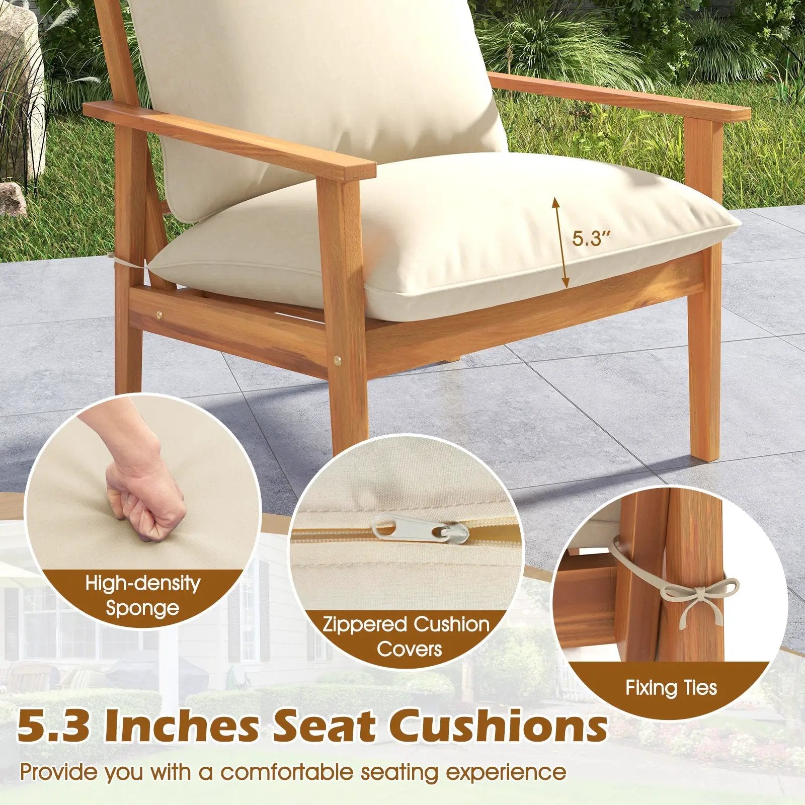 4 Pieces Outdoor Acacia Wood Conversation Set with Soft Cushions and Coffee Table-White by DirectDeals