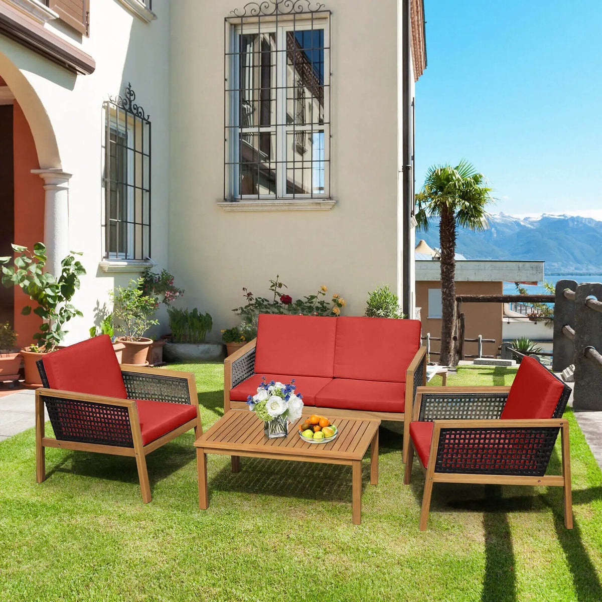4 Pieces Patio Rattan Furniture Set with Removable Cushions by DirectDeals