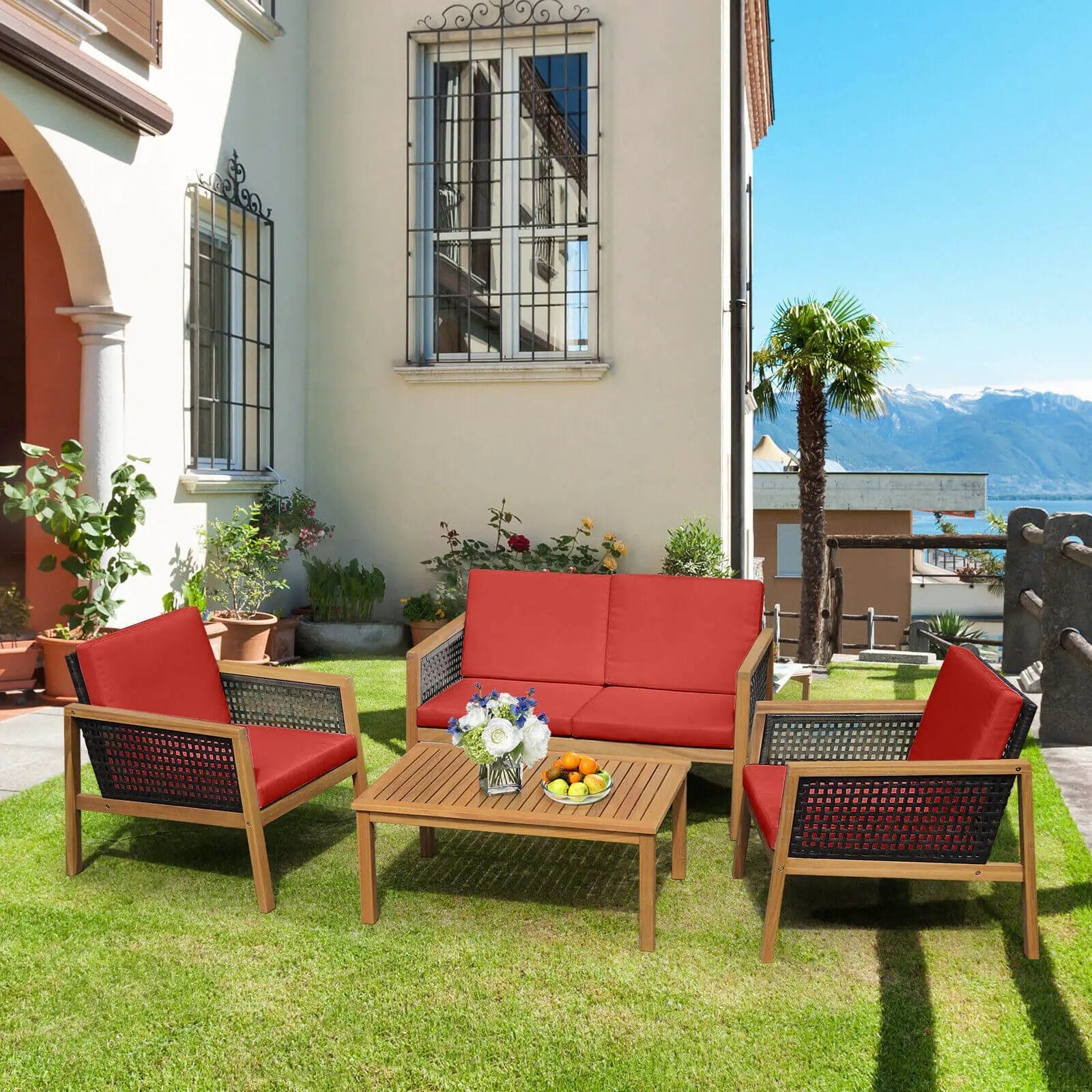 4 Pieces Patio Rattan Furniture Set with Removable Cushions by DirectDeals