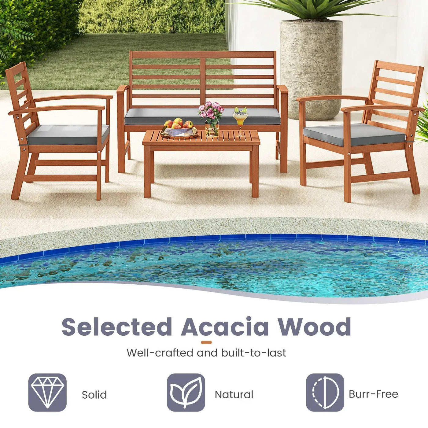 4 Pieces Outdoor Furniture Set with Stable Acacia Wood Frame by DirectDeals