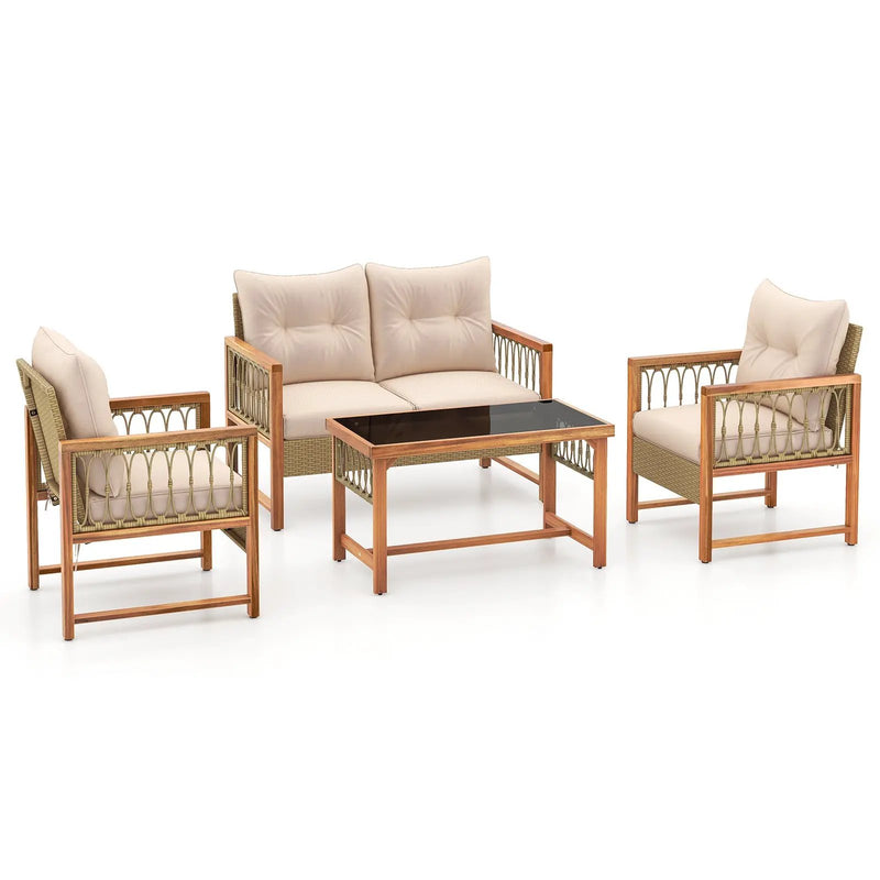4 Pieces Outdoor Patio PE Wicker Conversation Bistro Set with Acacia Wood Frame-Brown by DirectDeals