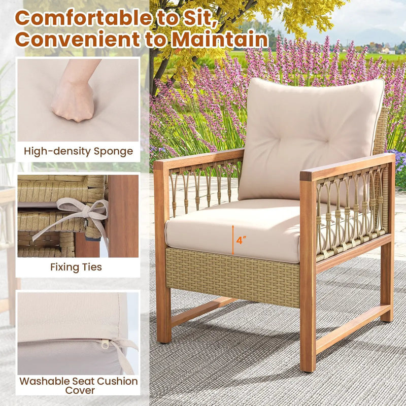 4 Pieces Outdoor Patio PE Wicker Conversation Bistro Set with Acacia Wood Frame-Brown by DirectDeals