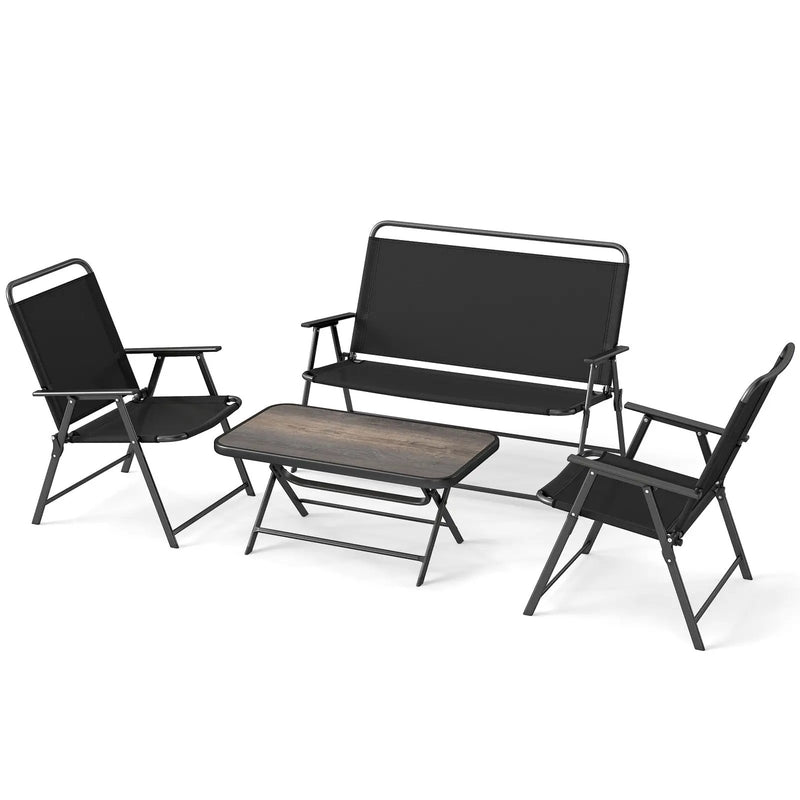 4 Pieces Patio Folding Furniture Set with SPC Coffee Table and Patio Chairs-Black by DirectDeals