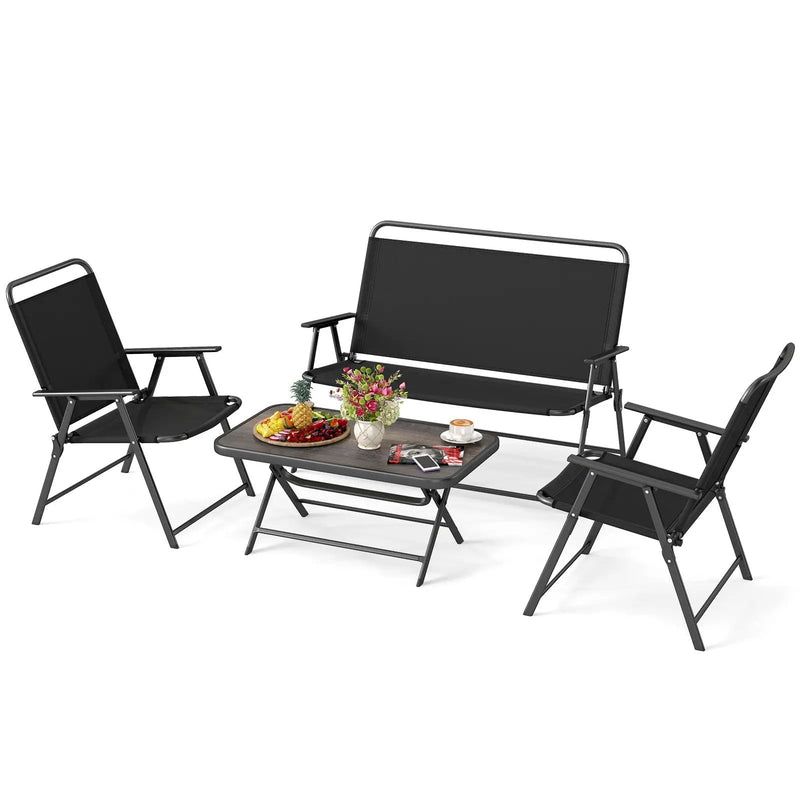 4 Pieces Patio Folding Furniture Set with SPC Coffee Table and Patio Chairs-Black by DirectDeals