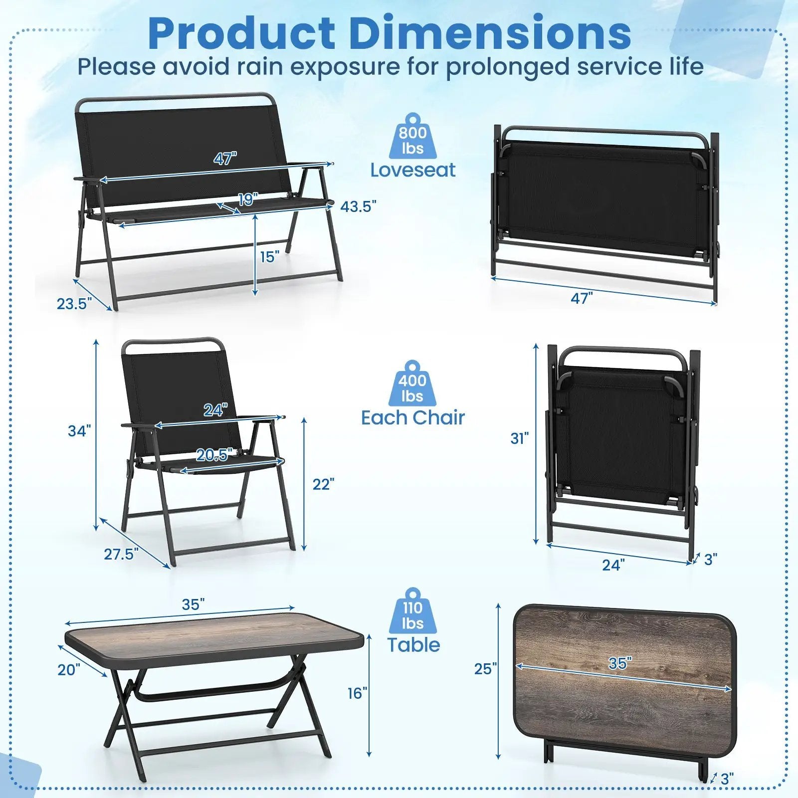 4 Pieces Patio Folding Furniture Set with SPC Coffee Table and Patio Chairs-Black by DirectDeals