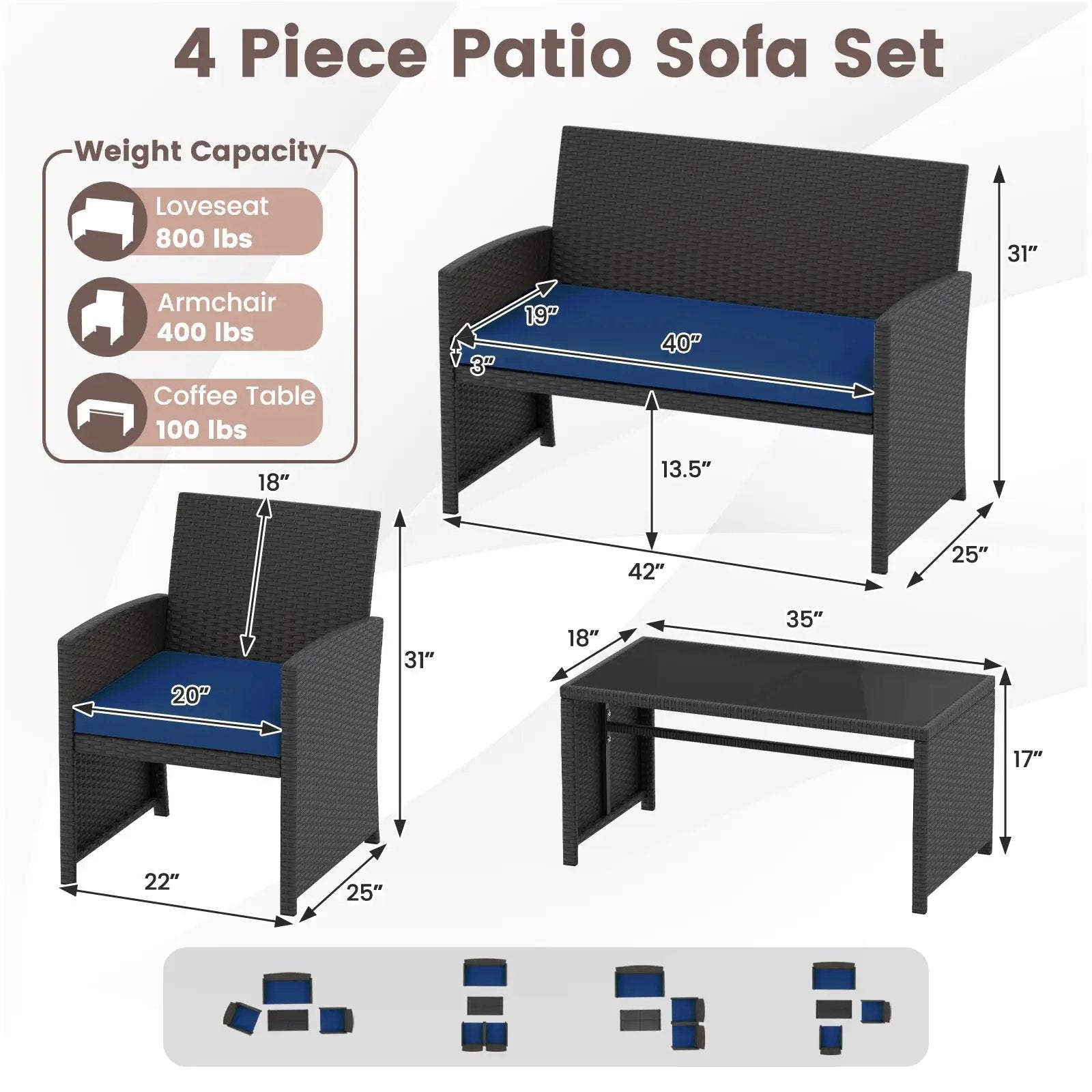4 Pieces Patio Furniture Set with Tempered Glass Tabletop and Removable Cushion by DirectDeals