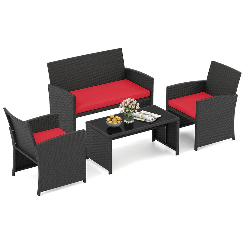 4 Pieces Patio Furniture Set with Tempered Glass Tabletop and Removable Cushion by DirectDeals