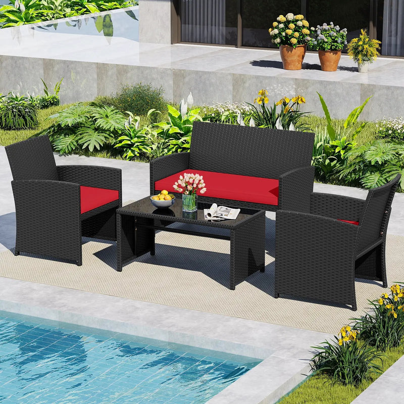 4 Pieces Patio Furniture Set with Tempered Glass Tabletop and Removable Cushion by DirectDeals