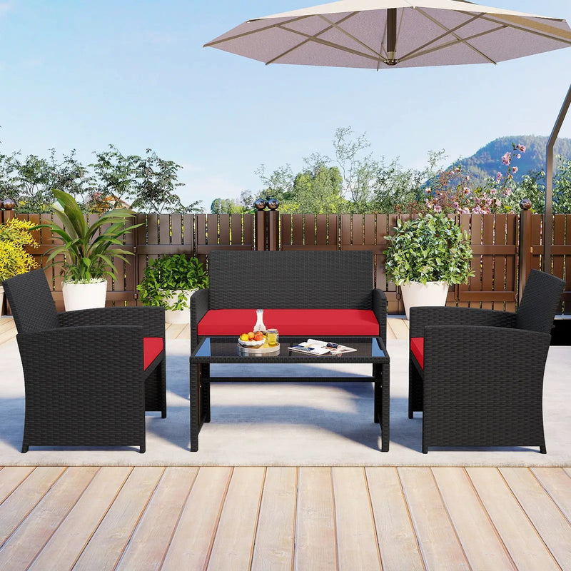4 Pieces Patio Furniture Set with Tempered Glass Tabletop and Removable Cushion by DirectDeals