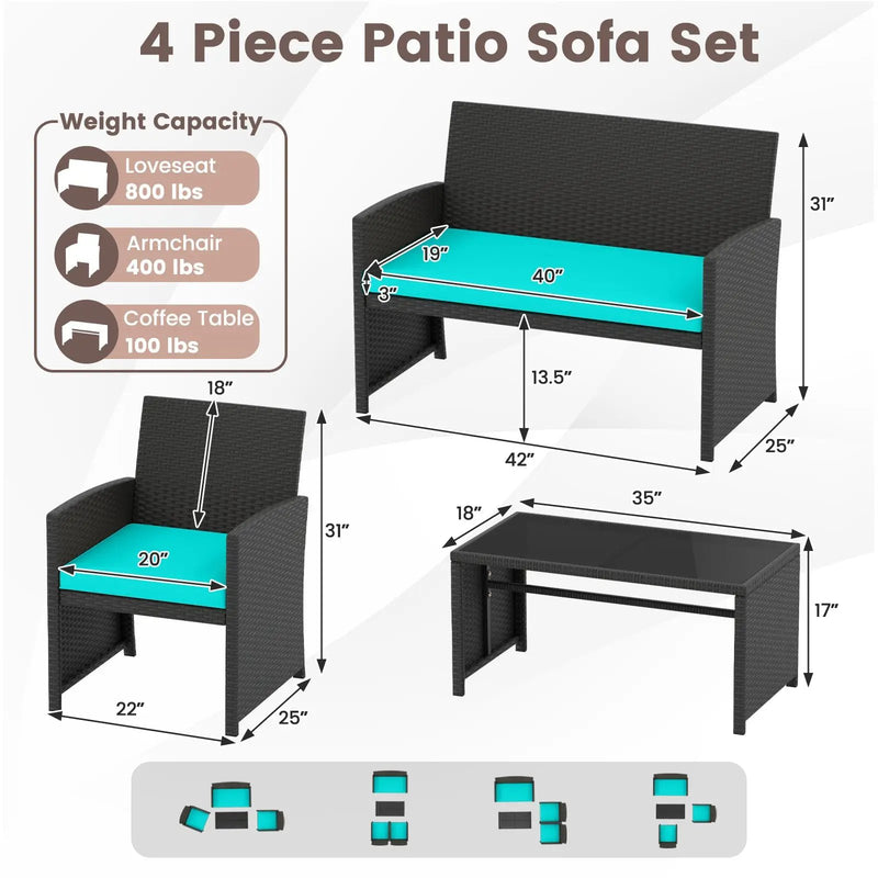 4 Pieces Patio Furniture Set with Tempered Glass Tabletop and Removable Cushion by DirectDeals
