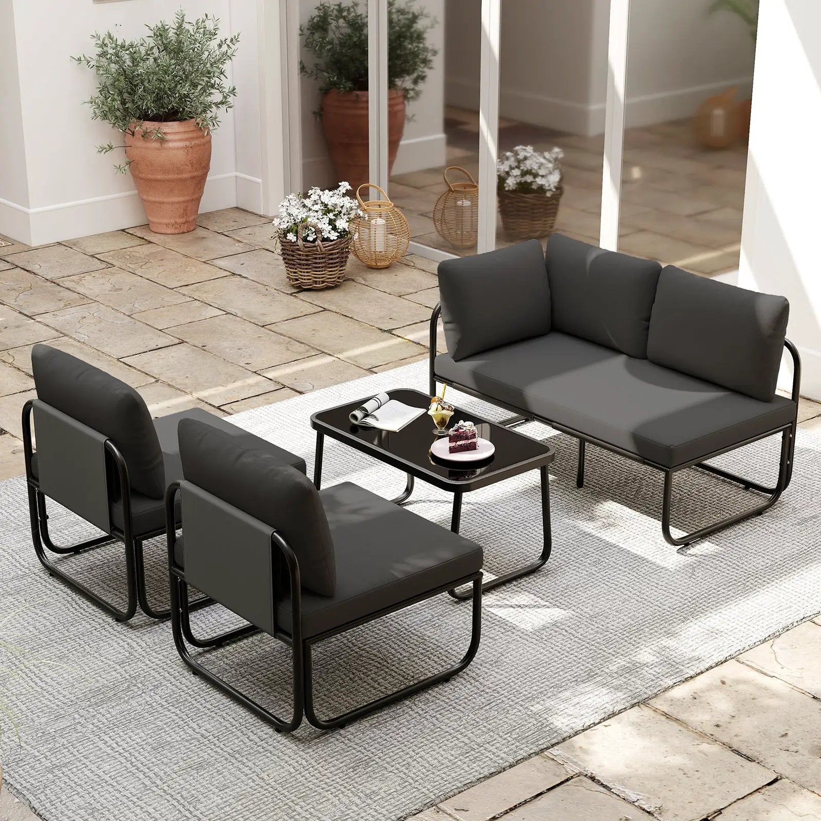 4 Pieces Patio Furniture Set with Cushions and Coffee Table-Gray by DirectDeals