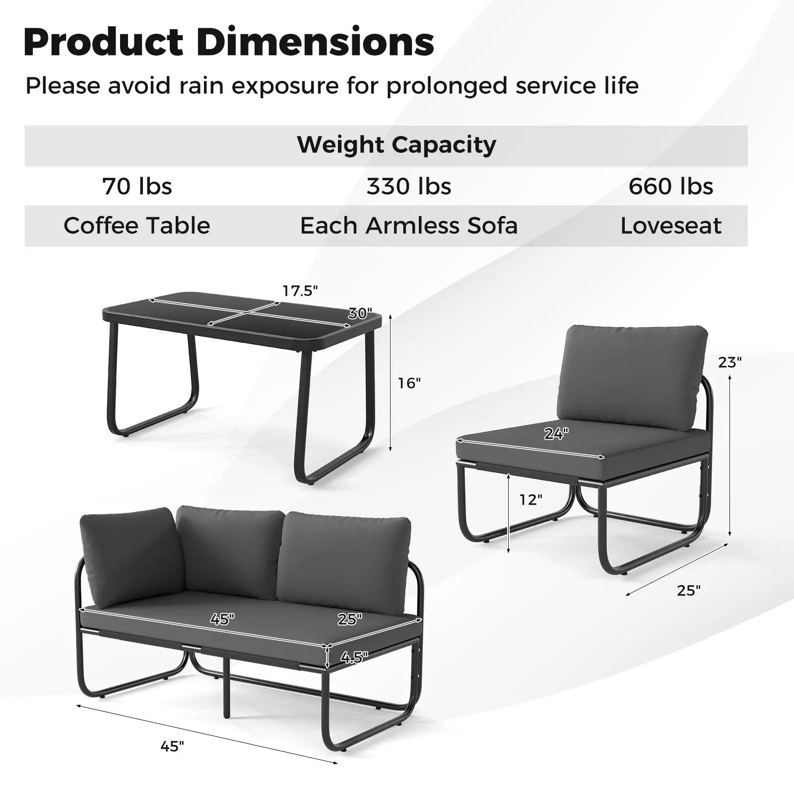 4 Pieces Patio Furniture Set with Cushions and Coffee Table-Gray by DirectDeals