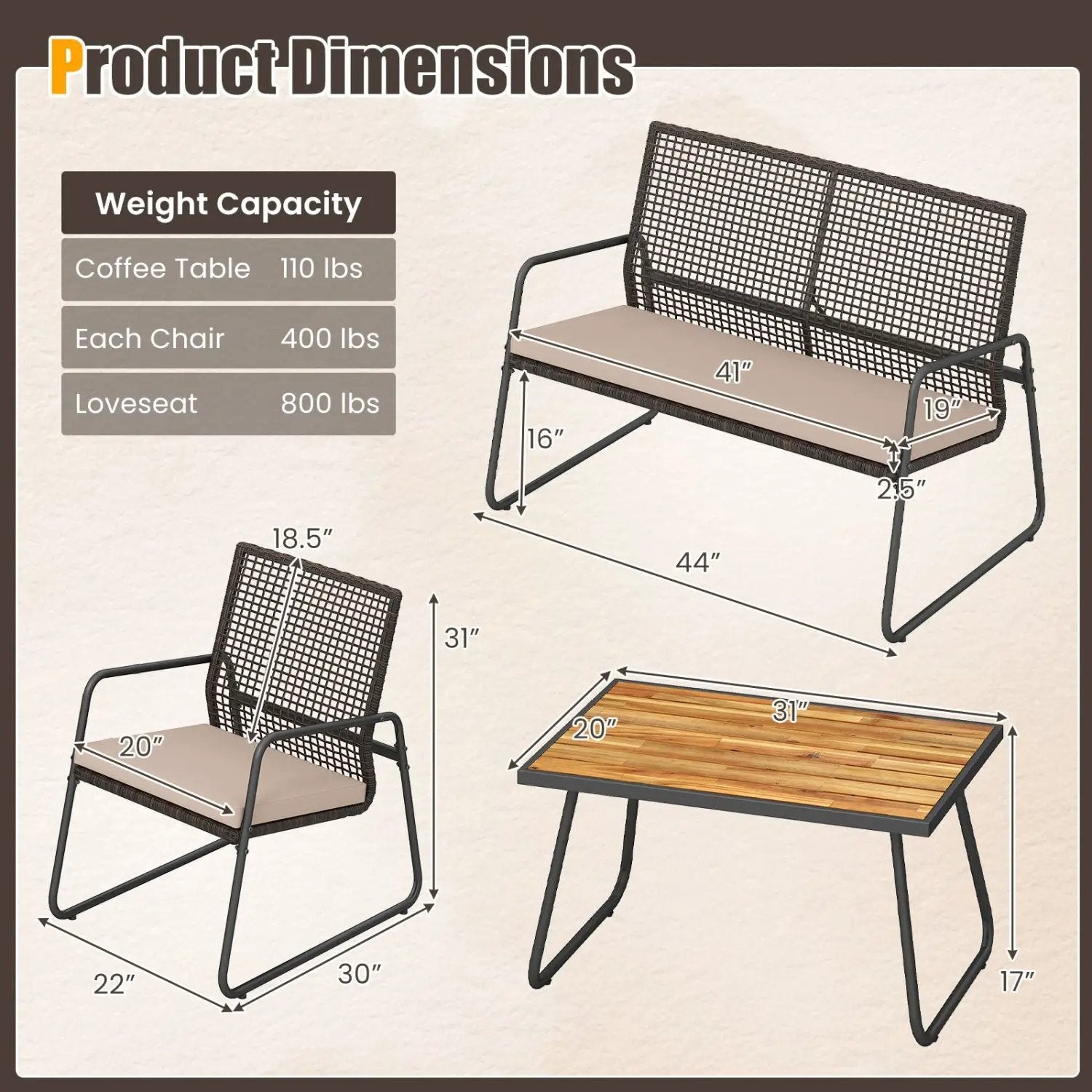 4-Piece Patio Furniture Set with Acacia Wood Coffee Table by DirectDeals