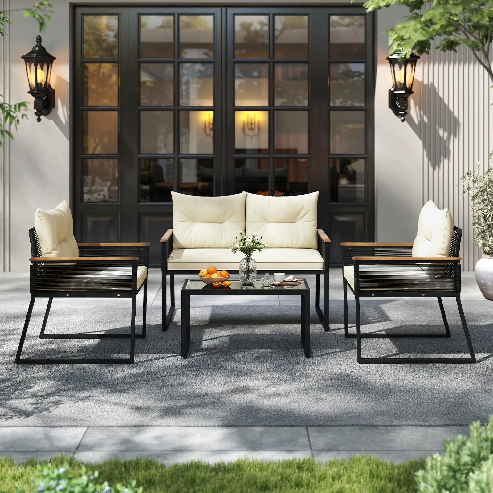 4 Pieces Patio Furniture Set Outdoor Conversation Set with Tempered Glass Coffee Table-Black by DirectDeals