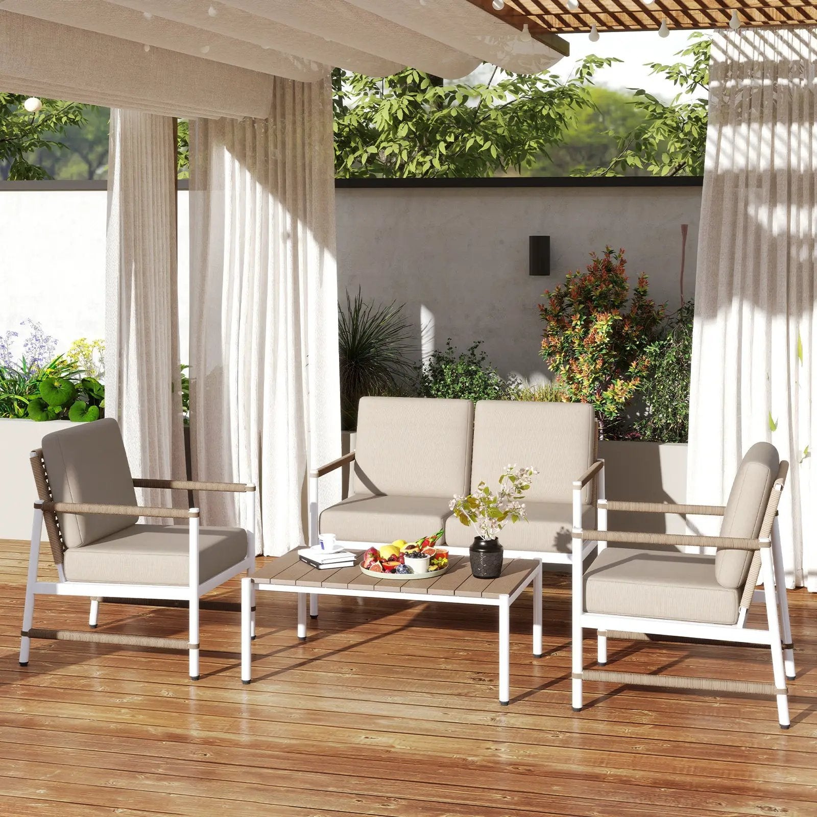 4 Pieces Patio Furniture Set with Thick Cushions and a Coffee Table-Gray by DirectDeals