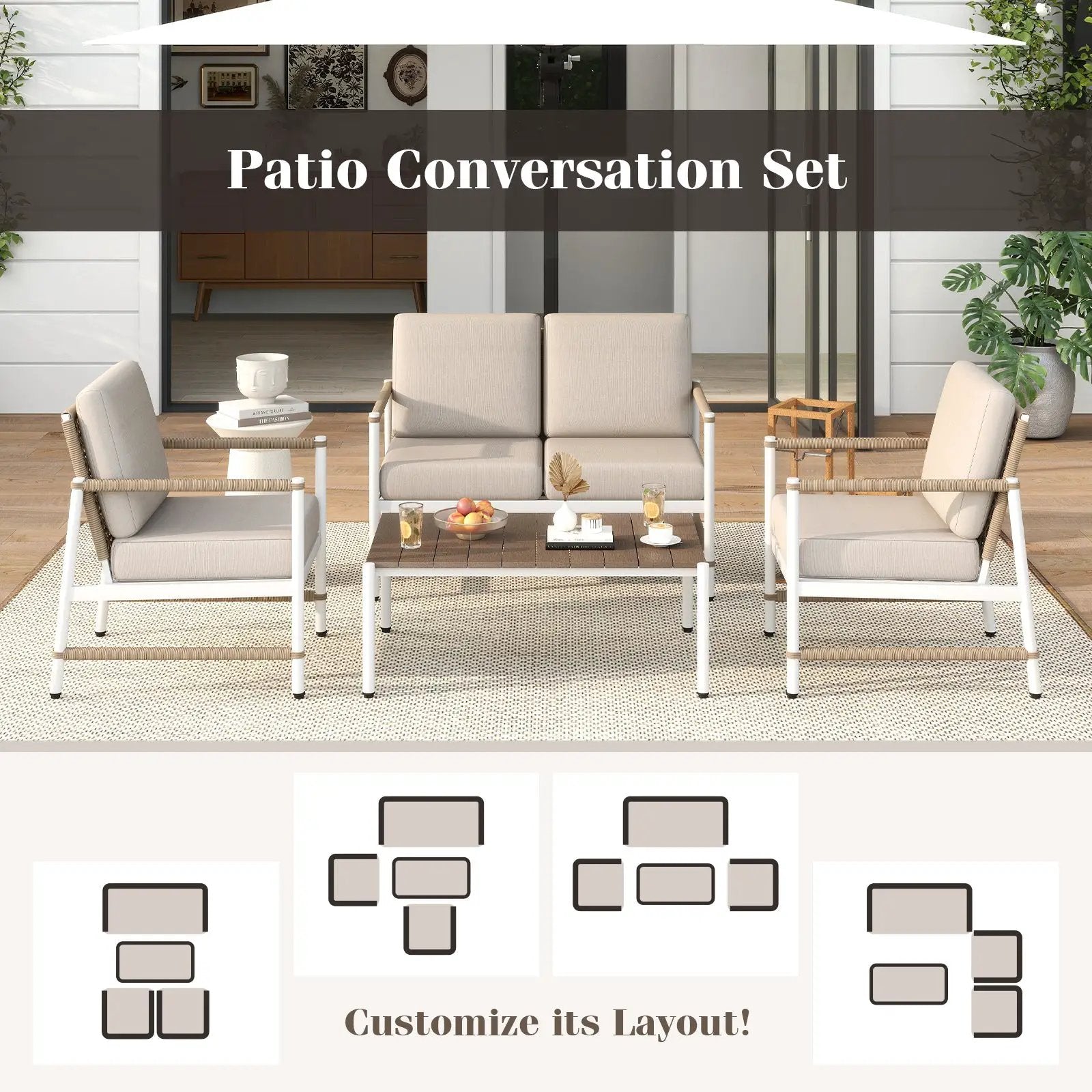4 Pieces Patio Furniture Set with Thick Cushions and a Coffee Table-Gray by DirectDeals