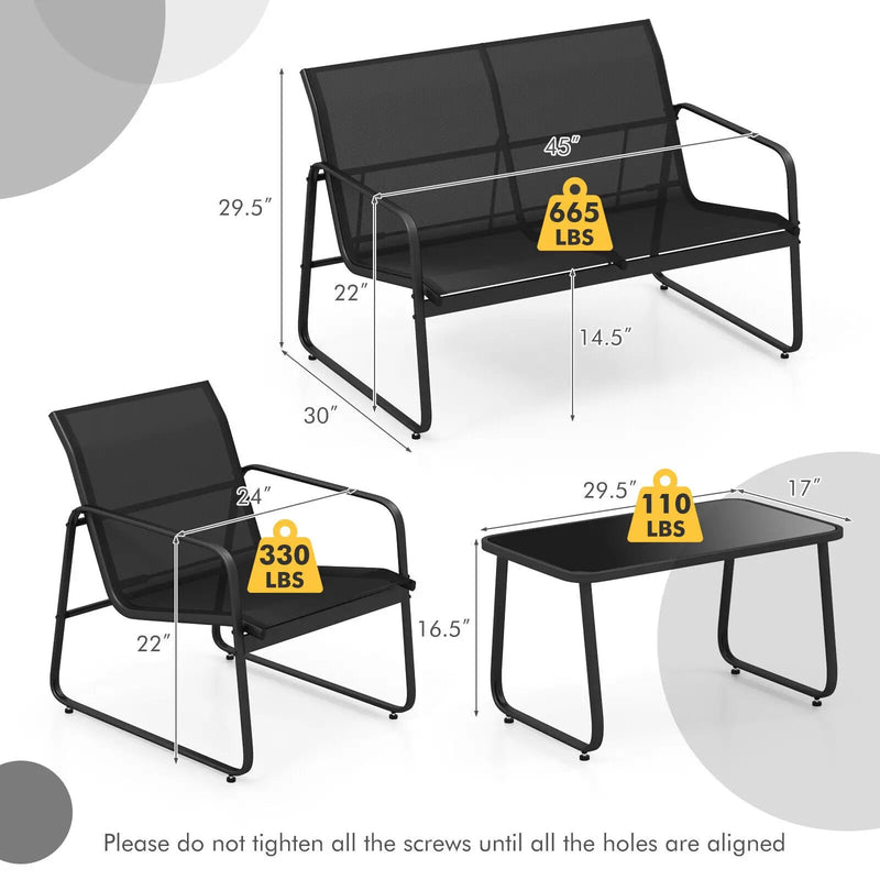 4 Pieces Outdoor Conversation Set with Tempered Glass Coffee Table-Black by DirectDeals