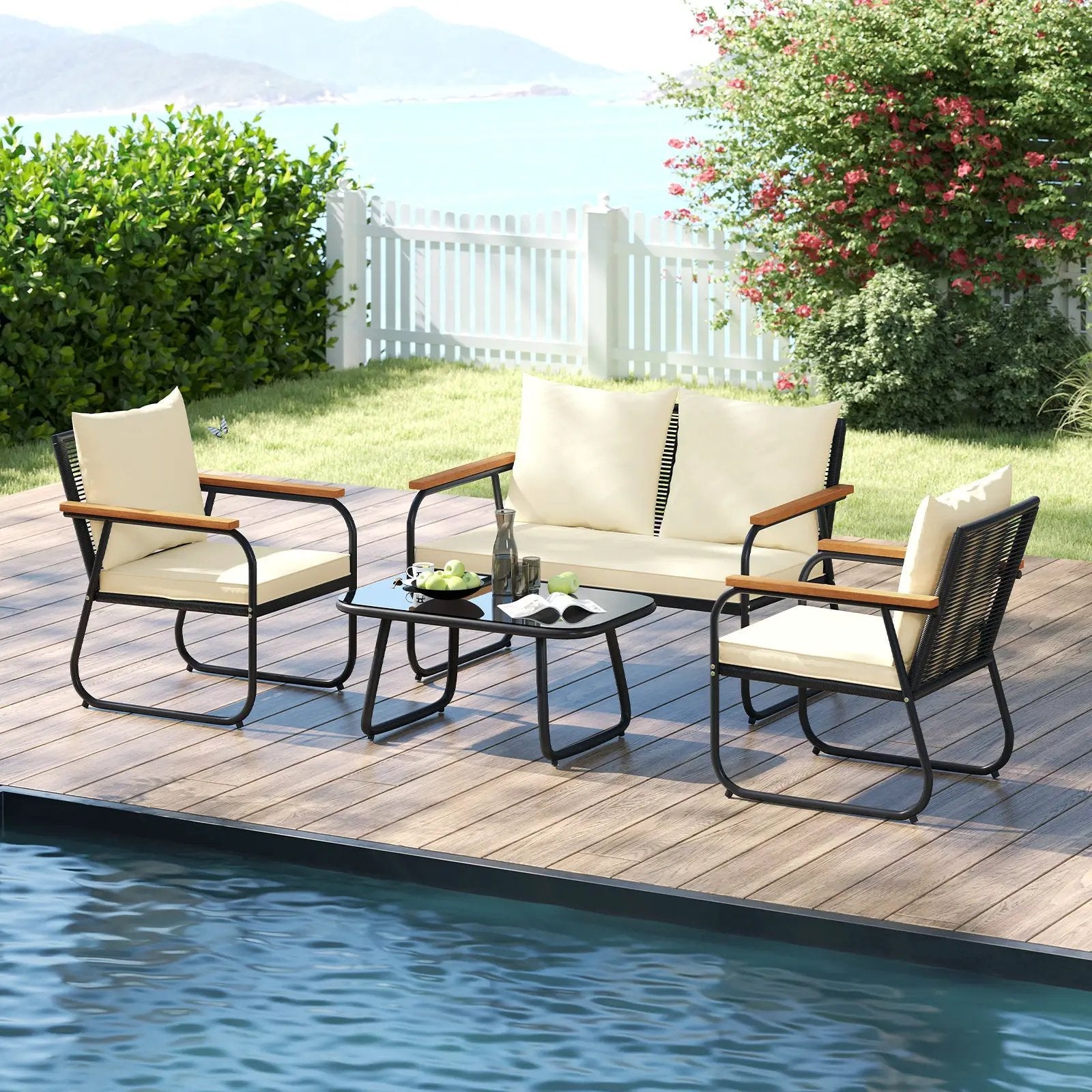 4 Pieces Patio Furniture Set with Tempered Glass Coffee Table by DirectDeals