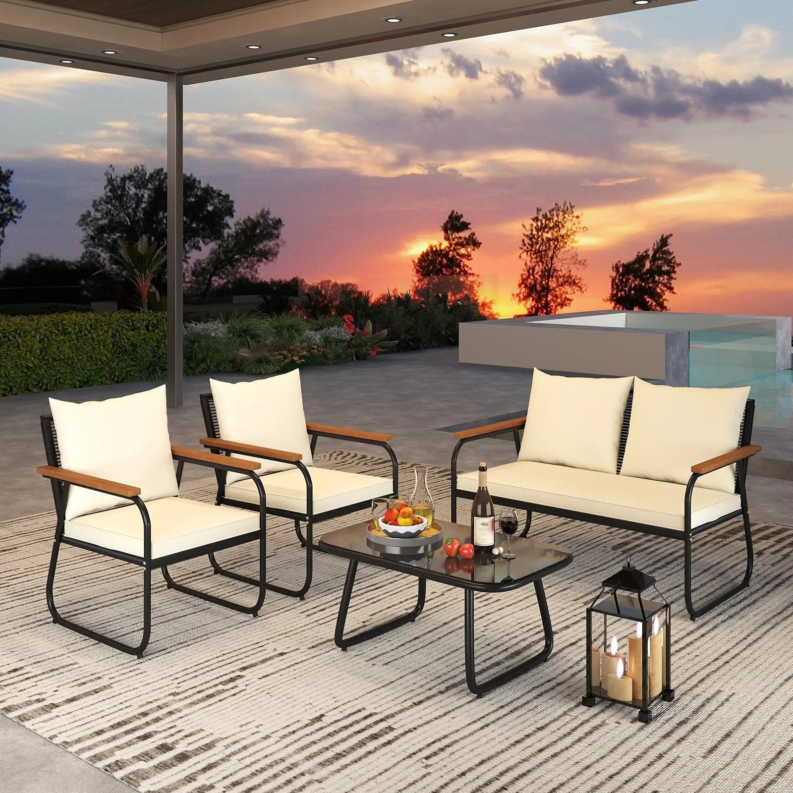4 Pieces Patio Furniture Set with Tempered Glass Coffee Table by DirectDeals