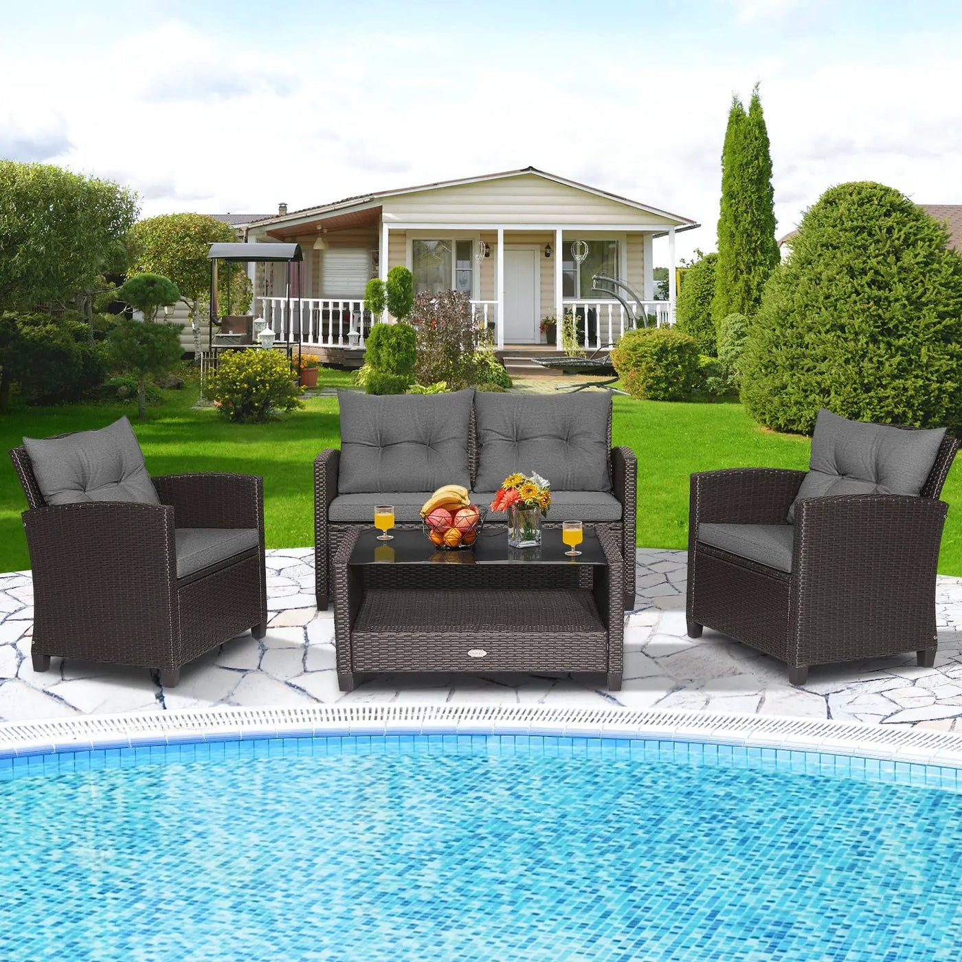 4 Pieces Patio Rattan Conversation Furniture Set with Glass Top Coffee Table-Gray by DirectDeals